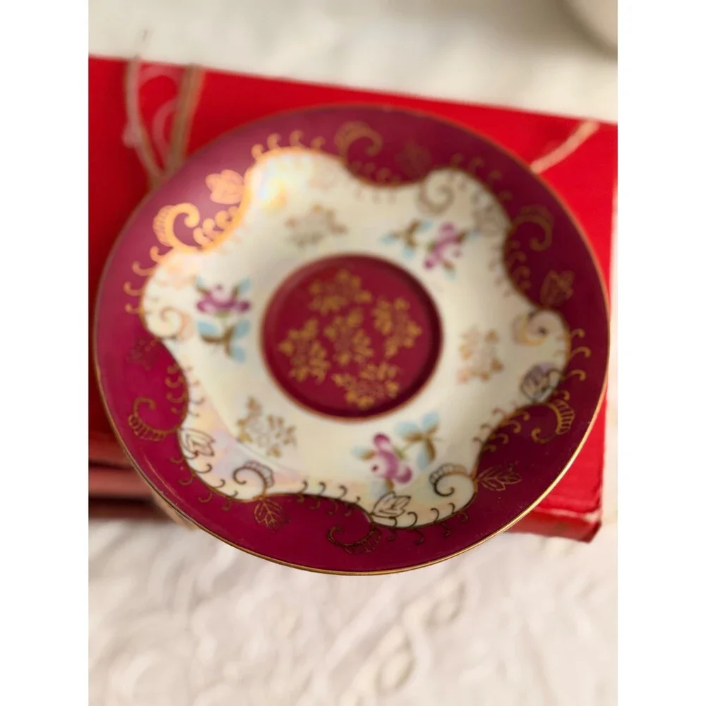 Royal Sealy Lusterware Teacup Saucer, Ruby Red Pedestal China, Gold Gilt Cottage